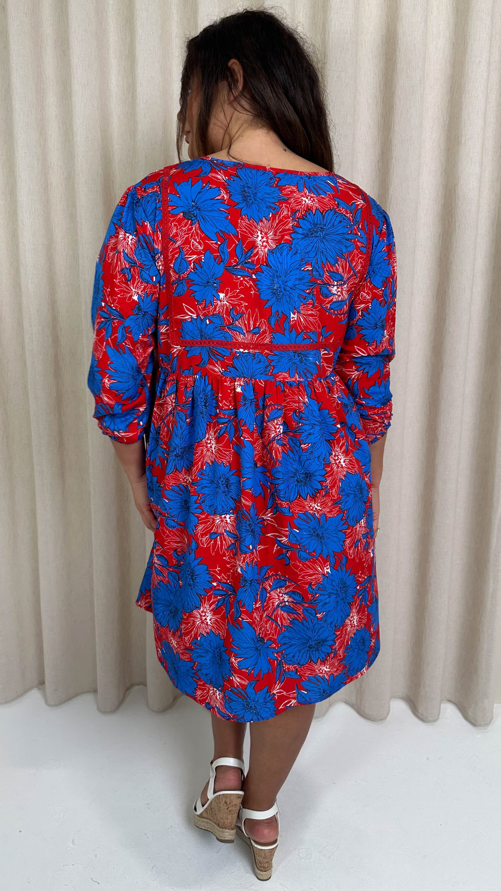 CurveWow Printed Lace Insert Smock Dress Blue/Red Floral