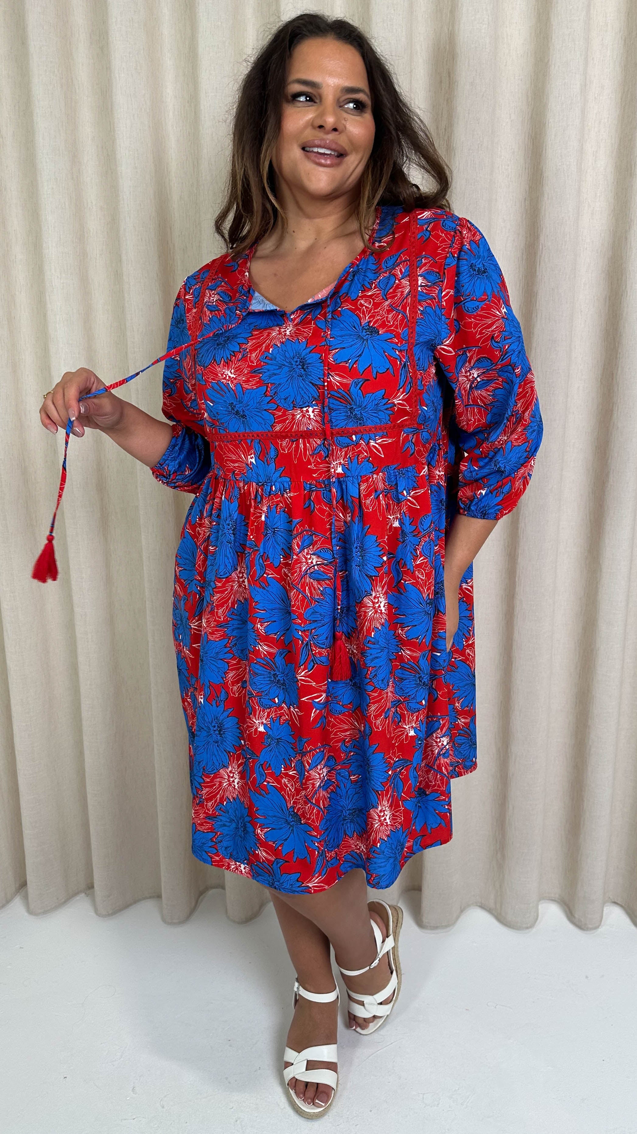 CurveWow Printed Lace Insert Smock Dress Blue/Red Floral