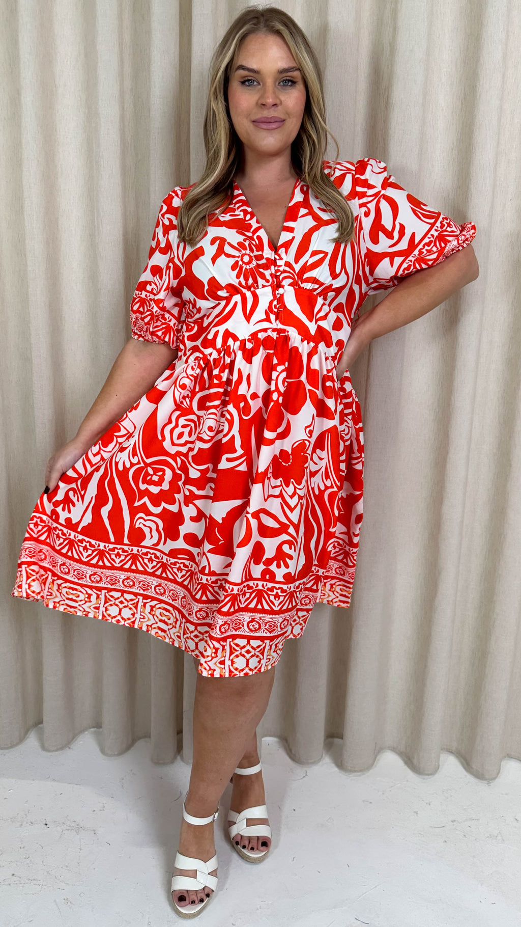 CurveWow Midi Smock Dress Red Tile