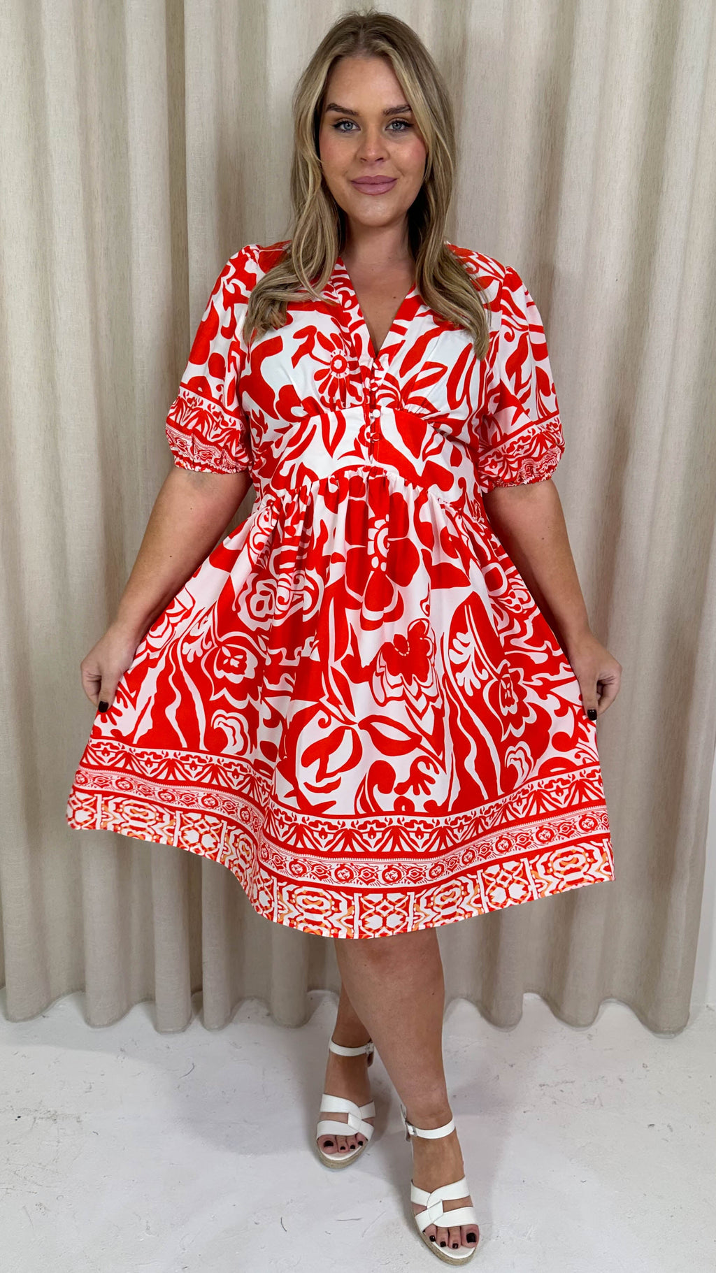 CurveWow Midi Smock Dress Red Tile
