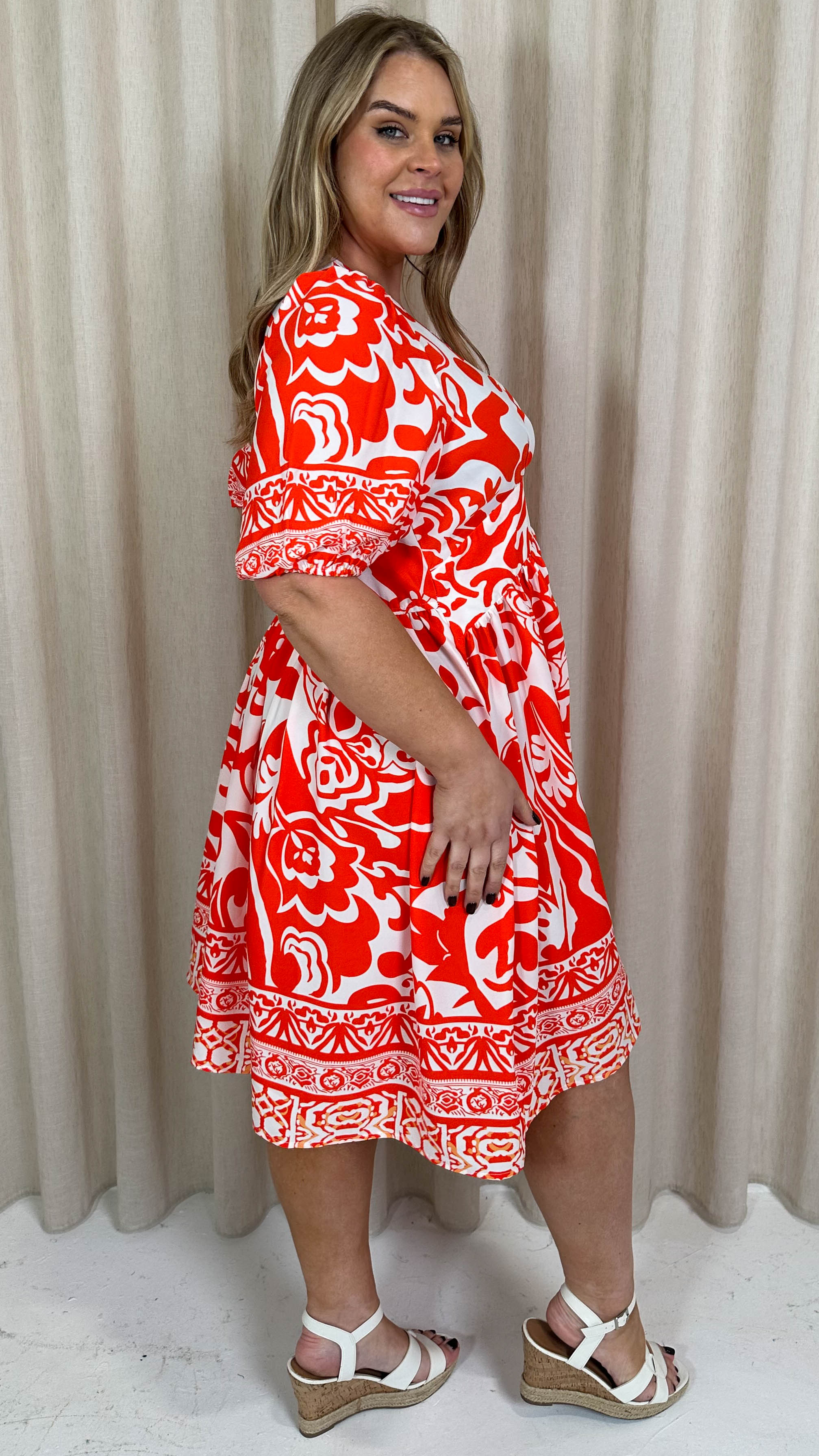 CurveWow Midi Smock Dress Red Tile