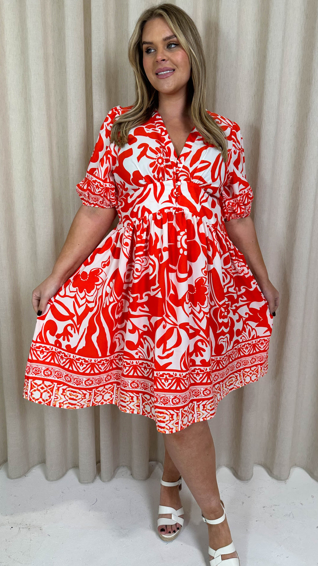 CurveWow Midi Smock Dress Red Tile