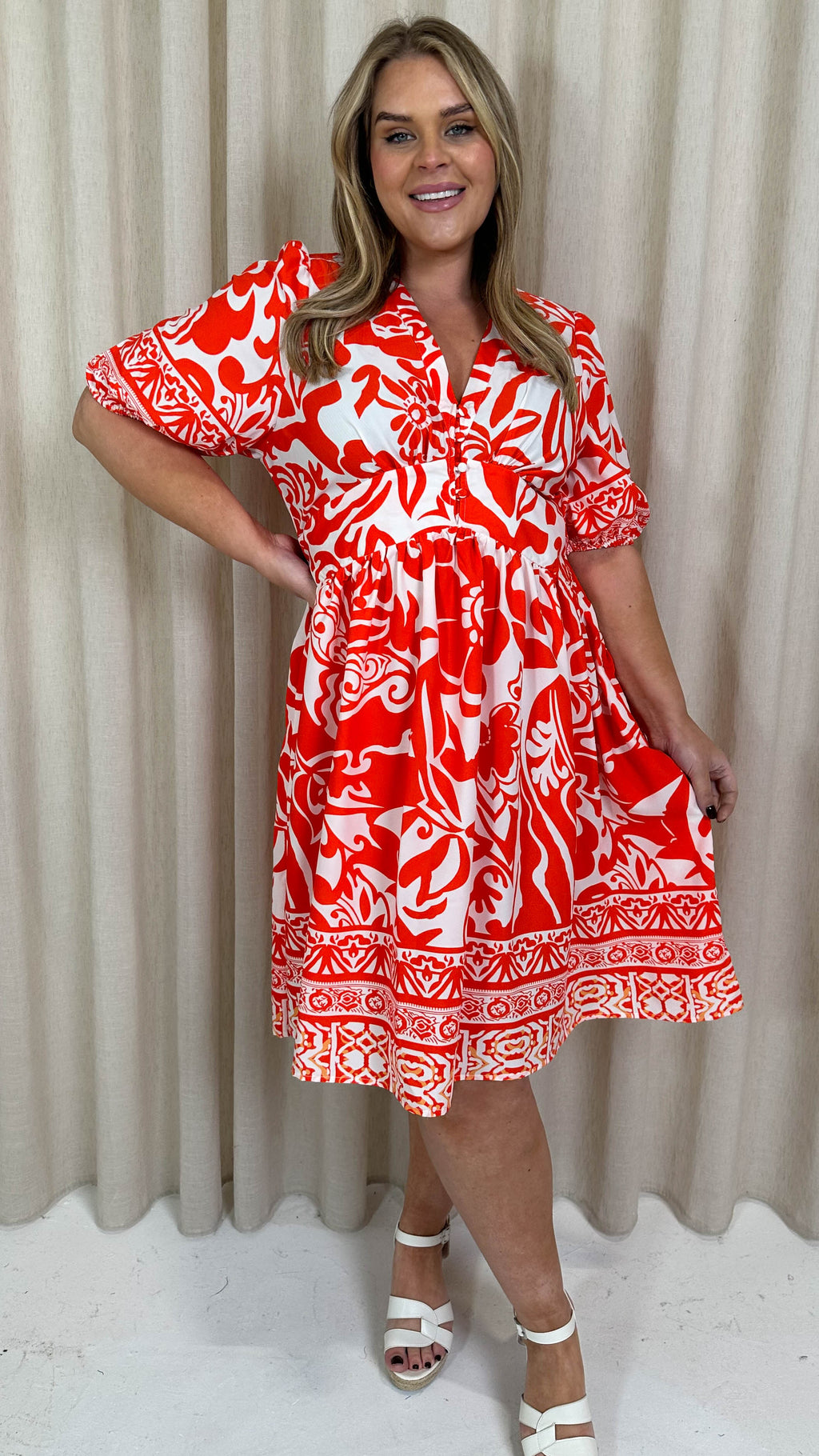 CurveWow Midi Smock Dress Red Tile