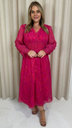 CurveWow Button Front Maxi Dress Magenta Floral