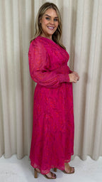 CurveWow Button Front Maxi Dress Magenta Floral