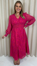 CurveWow Button Front Maxi Dress Magenta Floral