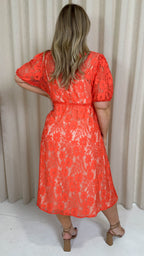 CurveWow Lace Midi Skater Dress Coral