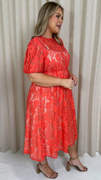 CurveWow Lace Midi Skater Dress Coral