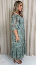 CurveWow Lace Frill Hem Midaxi Dress Sage Green