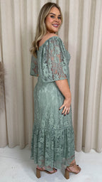 CurveWow Lace Frill Hem Midaxi Dress Sage Green
