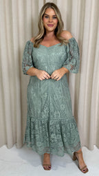 CurveWow Lace Frill Hem Midaxi Dress Sage Green
