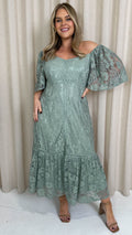 CurveWow Lace Frill Hem Midaxi Dress Sage Green