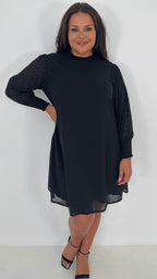 CurveWow Black Sheer Sleeve Shift Dress