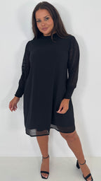 CurveWow Black Sheer Sleeve Shift Dress