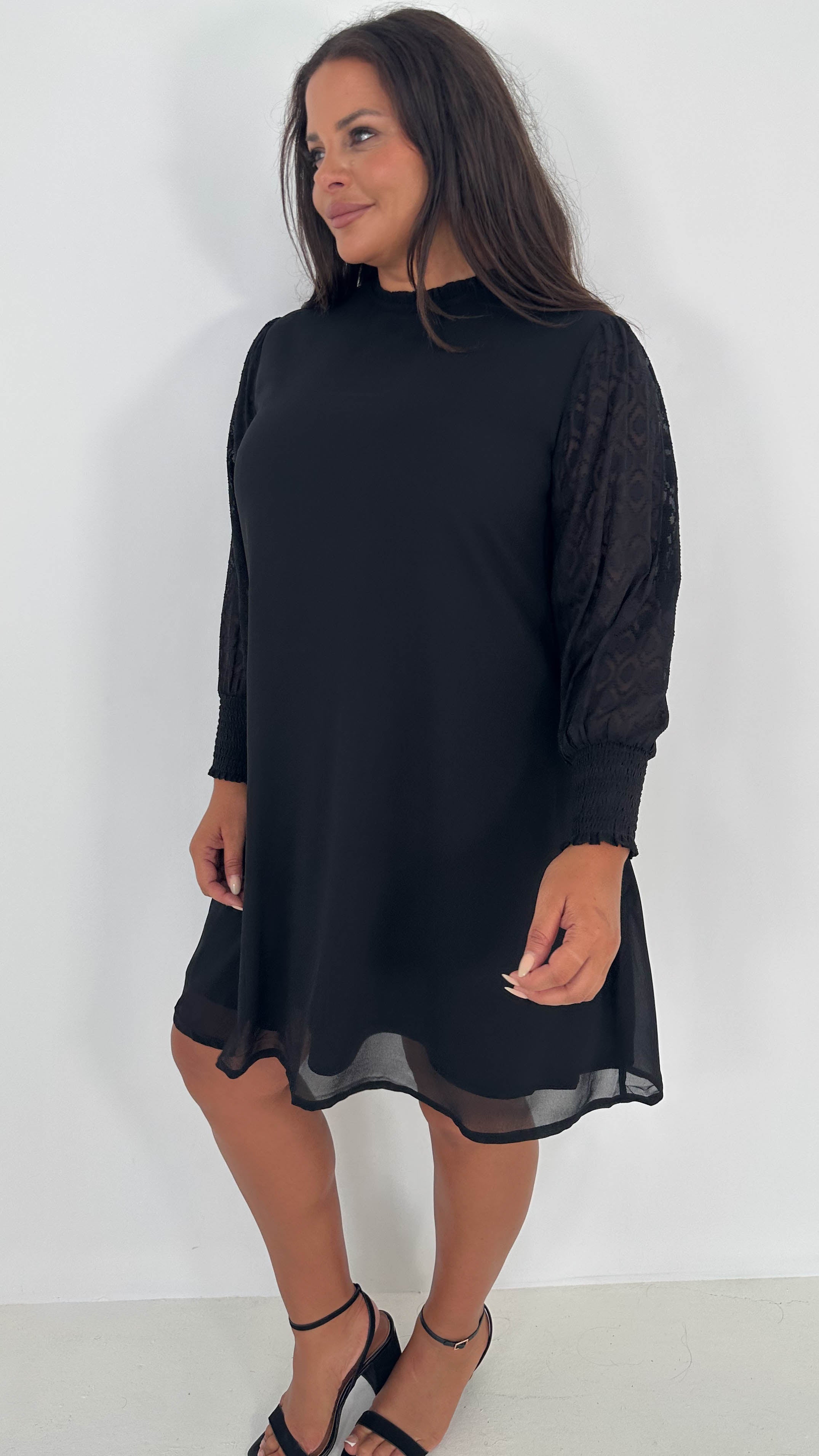 CurveWow Black Sheer Sleeve Shift Dress