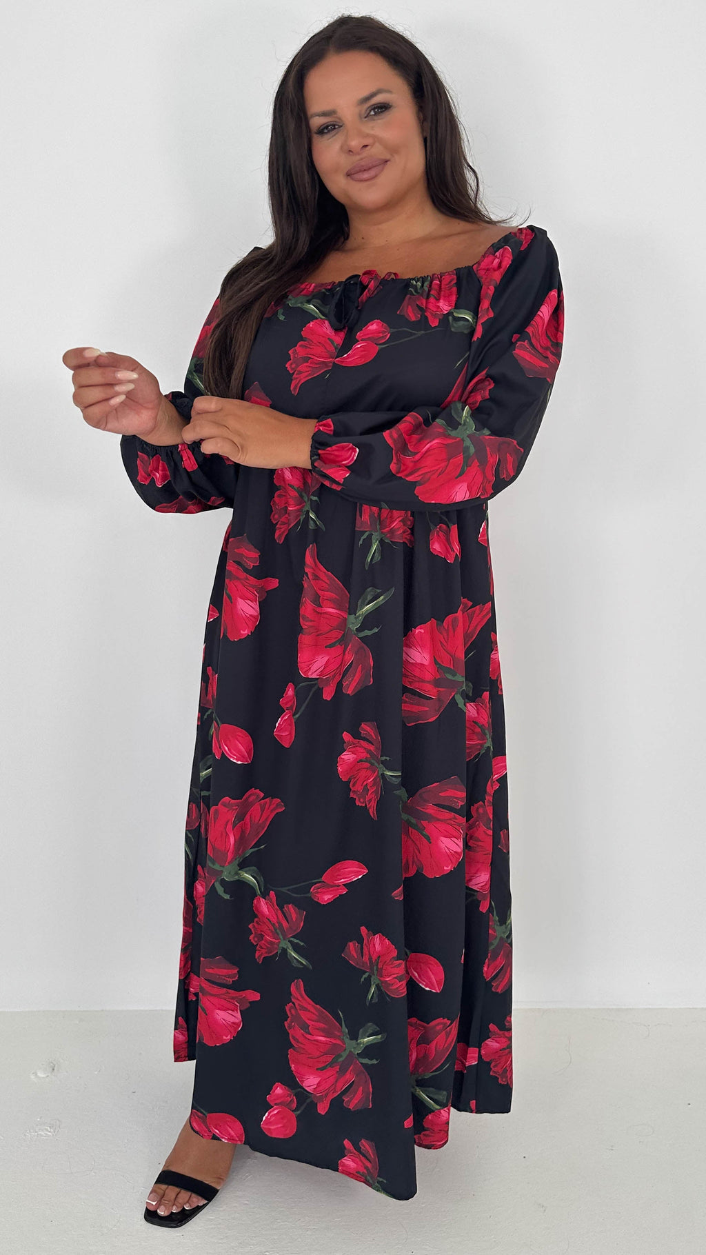 CurveWow Square Neck Maxi Dress Black & Red Floral