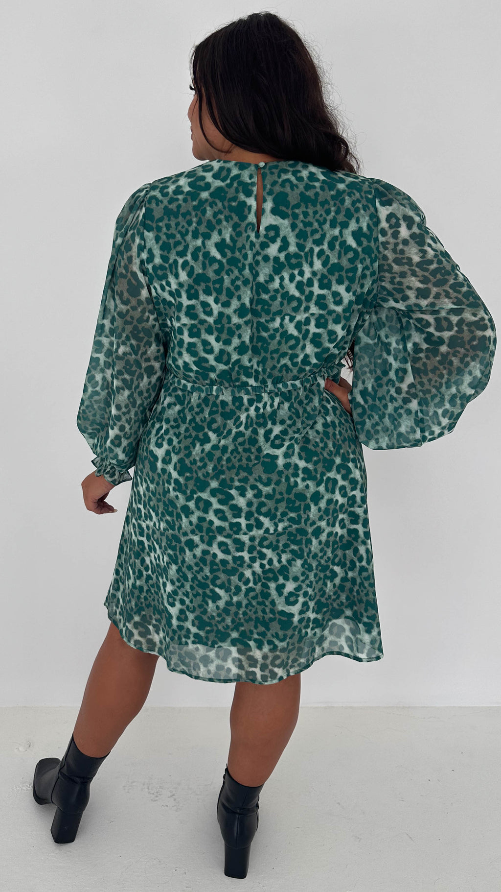 CurveWow Drop Waist Mini Dress Green Leopard
