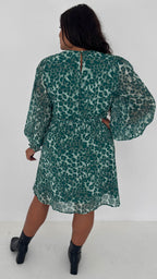 CurveWow Drop Waist Mini Dress Green Leopard
