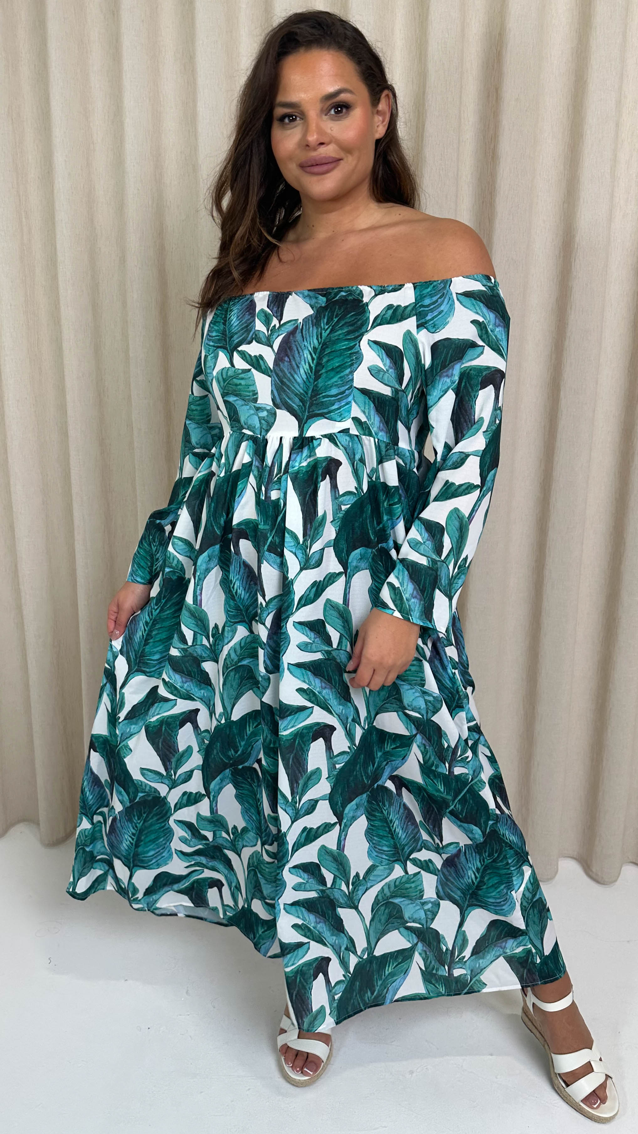 CurveWow Printed Bardot Maxi Dress Leaf Print