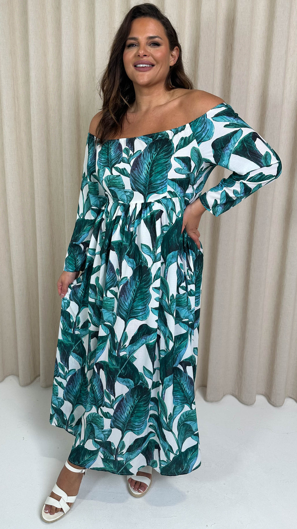 CurveWow Printed Bardot Maxi Dress Leaf Print
