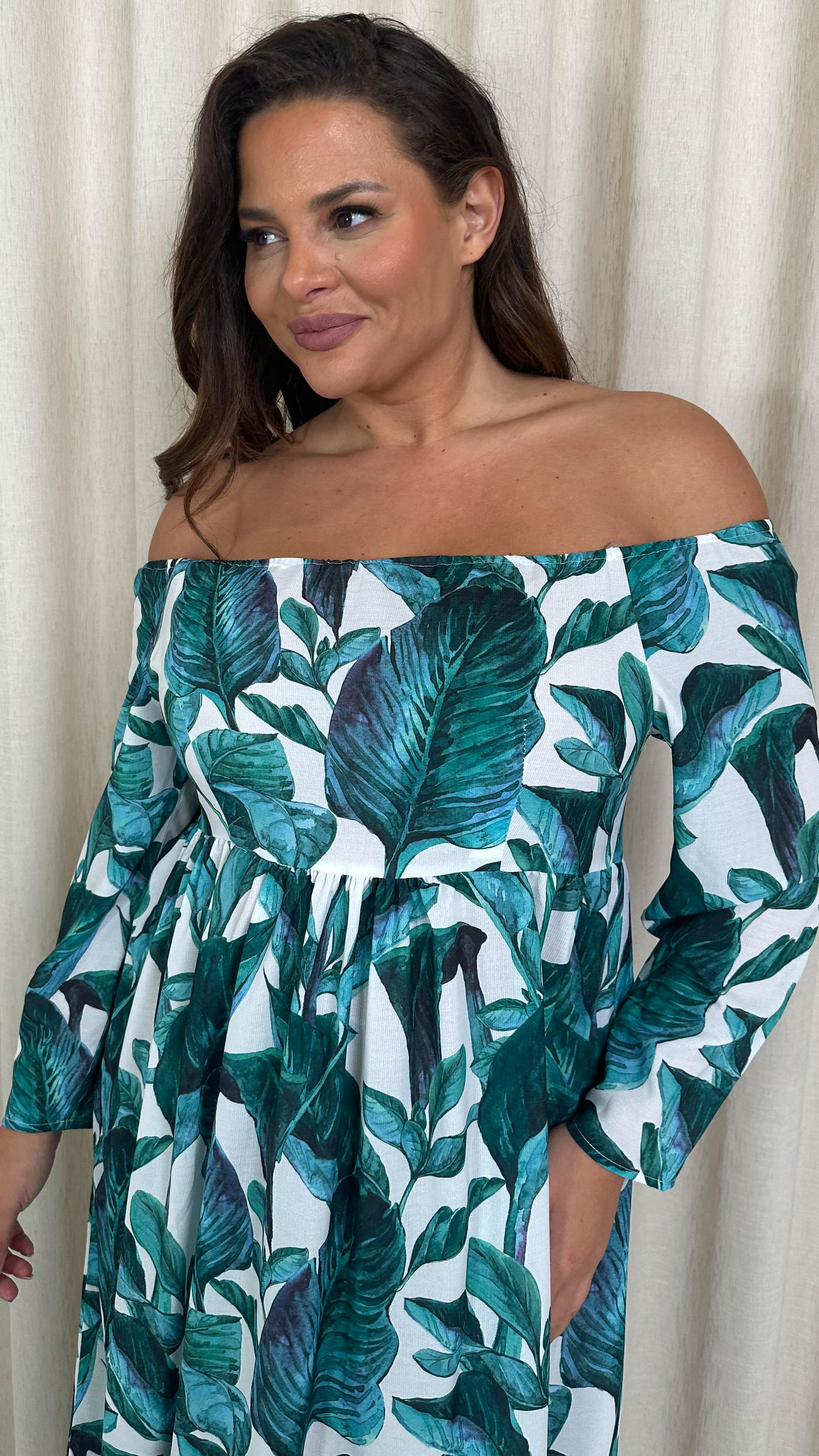 CurveWow Printed Bardot Maxi Dress Leaf Print