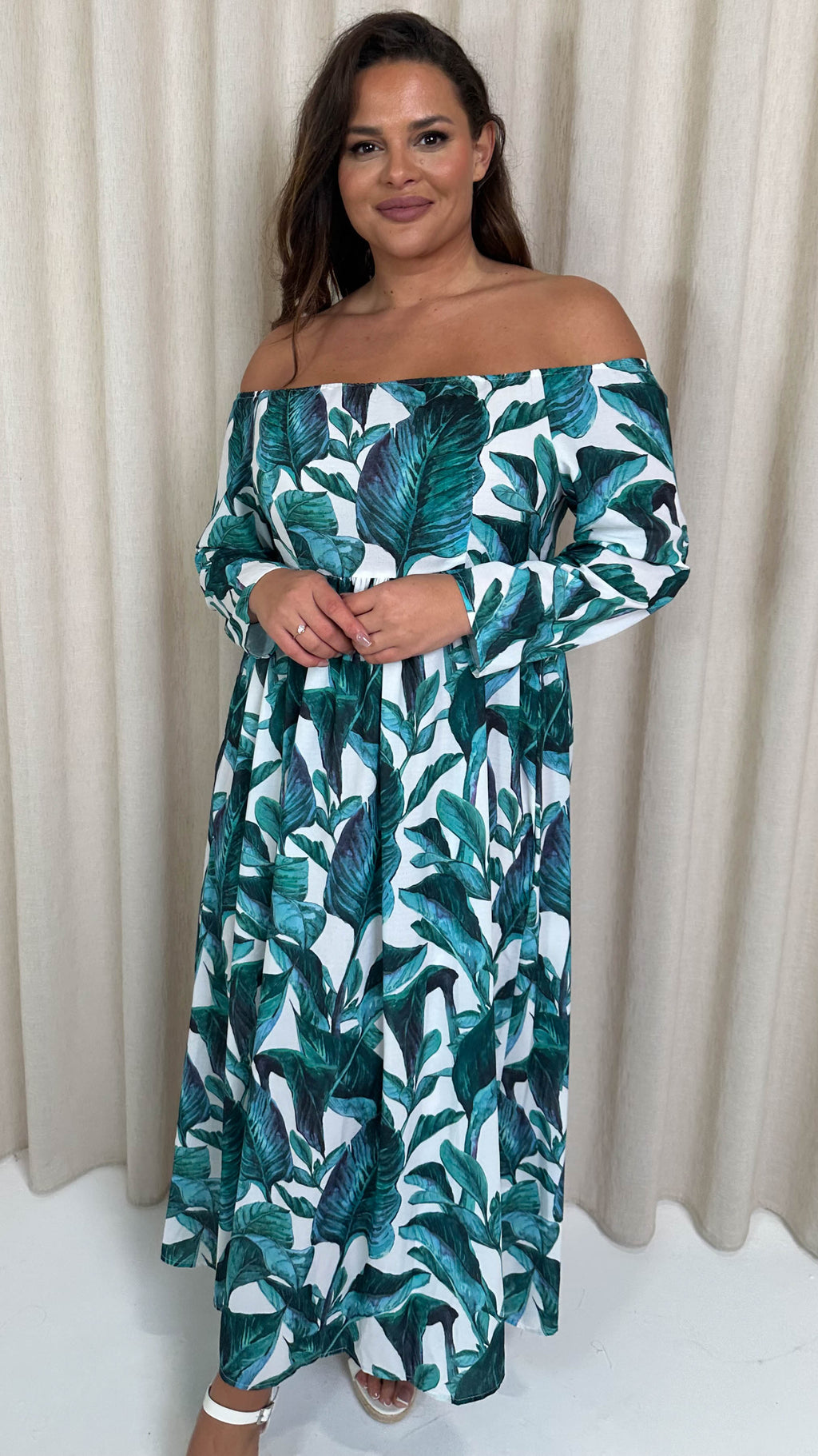CurveWow Printed Bardot Maxi Dress Leaf Print