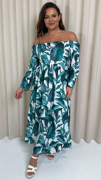 CurveWow Printed Bardot Maxi Dress Leaf Print