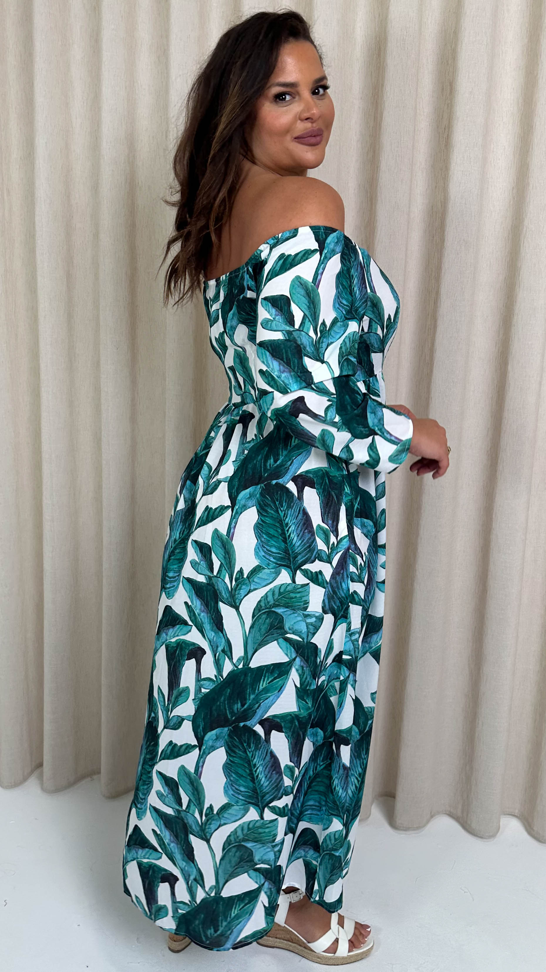 CurveWow Printed Bardot Maxi Dress Leaf Print