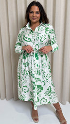 CurveWow Printed Shirt Midaxi Dress Green Floral