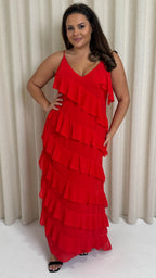 CurveWow Ruffle Tiered Maxi Dress Red