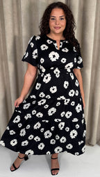 CurveWow Notch Neck Midi Dress Mono Floral Print