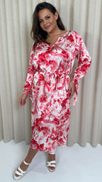 CurveWow V Neck Tie Waist Dress Red Marble