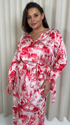 CurveWow V Neck Tie Waist Dress Red Marble
