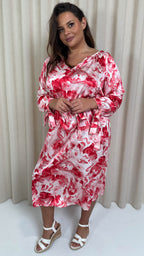 CurveWow V Neck Tie Waist Dress Red Marble