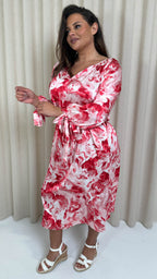 CurveWow V Neck Tie Waist Dress Red Marble