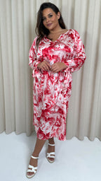 CurveWow V Neck Tie Waist Dress Red Marble