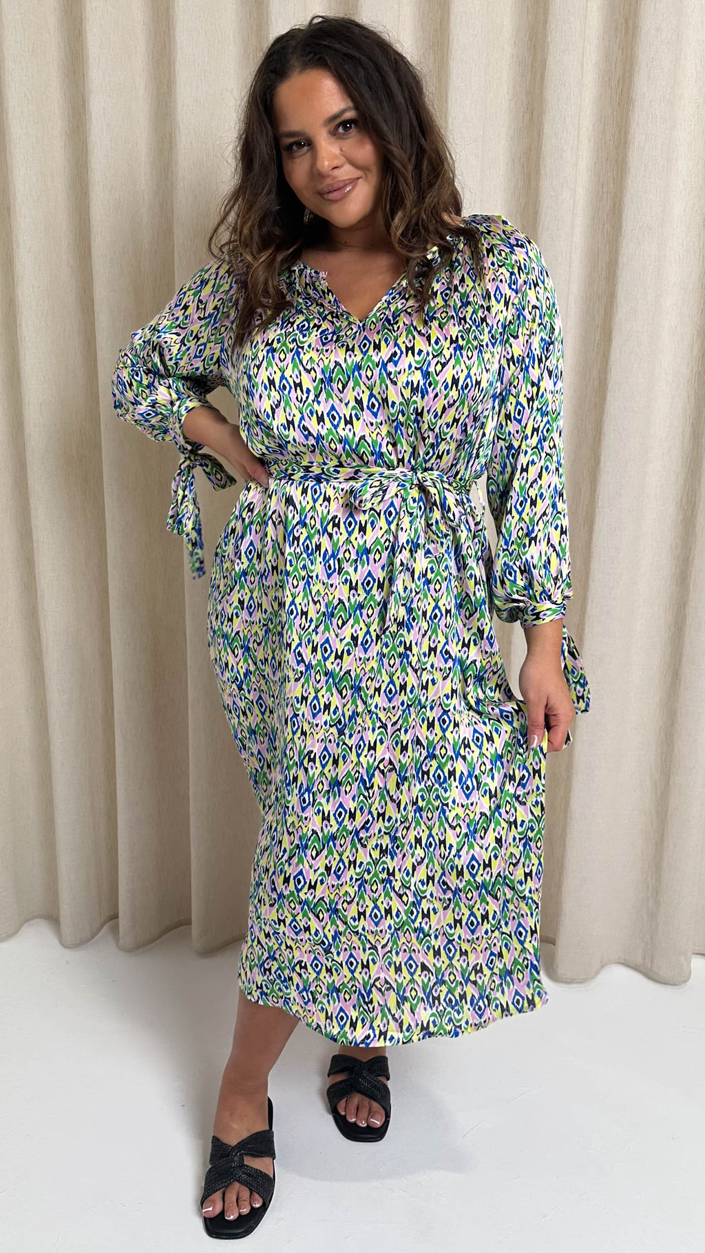 CurveWow V Neck Tie Waist Dress Multi Aztec