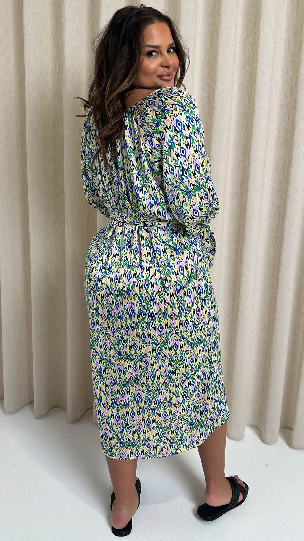 CurveWow V Neck Tie Waist Dress Multi Aztec