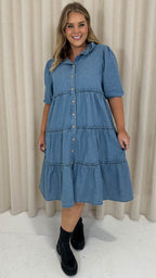 CurveWow Chambray Tiered Shirt Dress