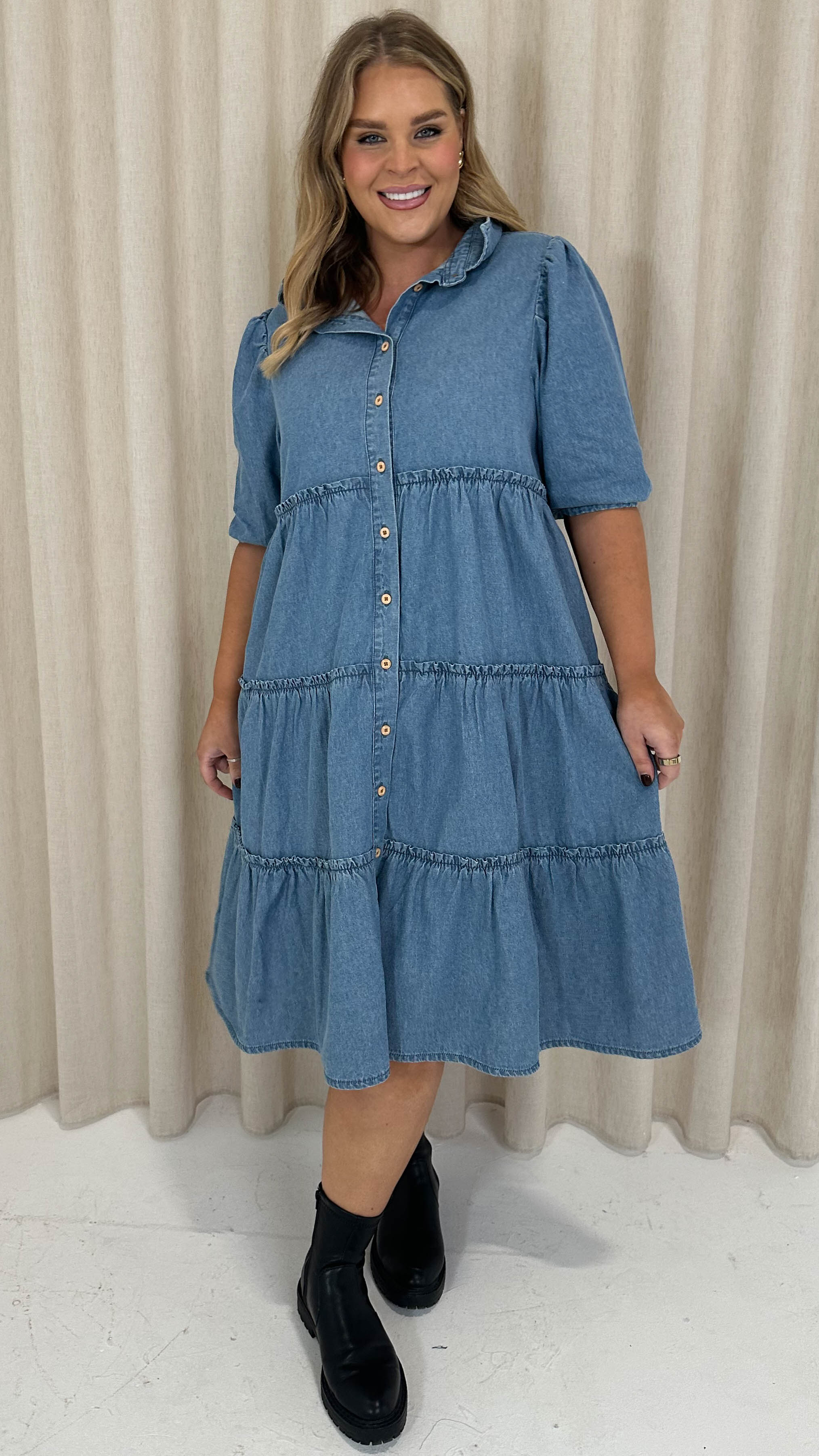CurveWow Chambray Tiered Shirt Dress