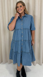 CurveWow Chambray Tiered Shirt Dress