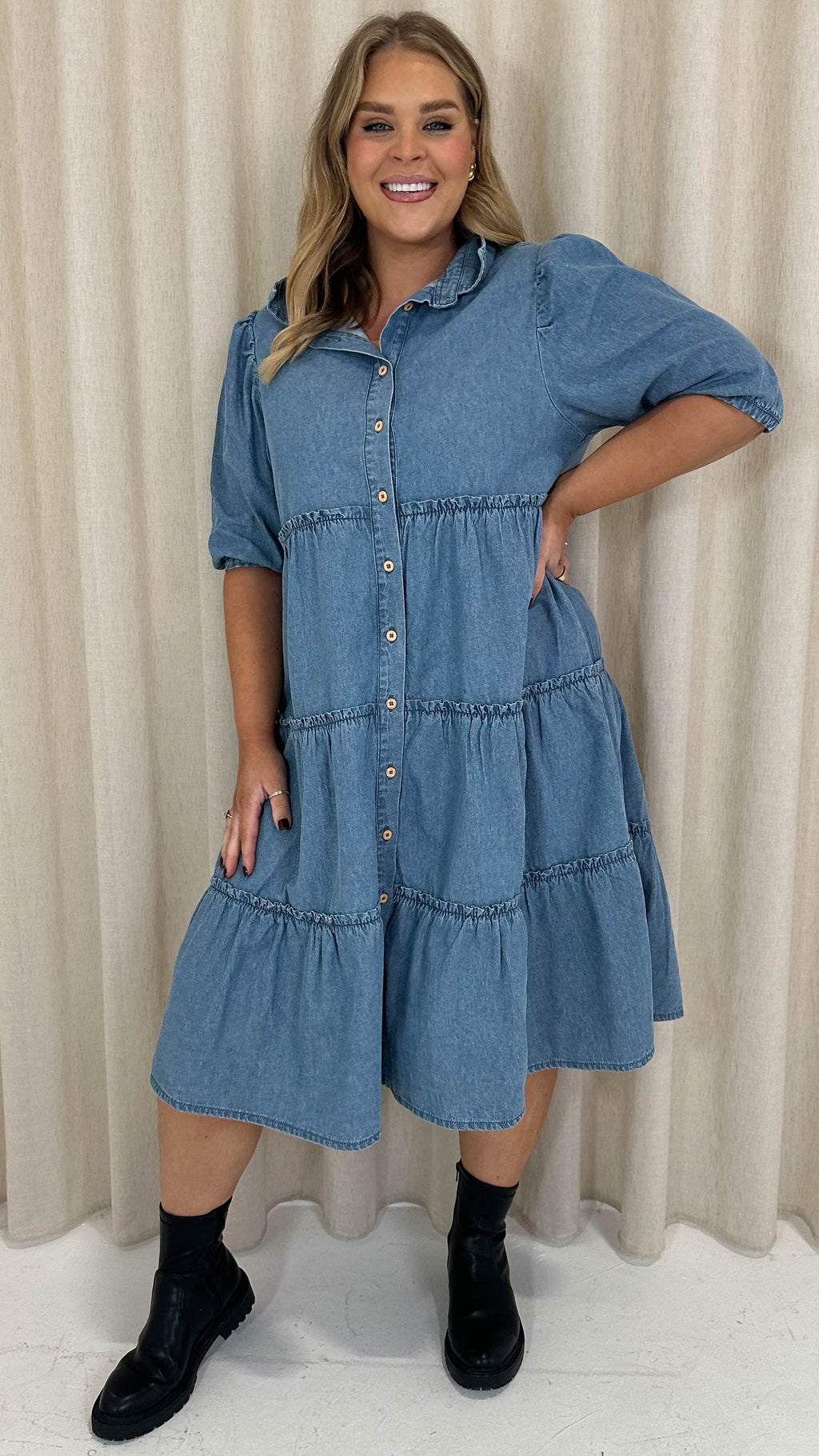 CurveWow Chambray Tiered Shirt Dress