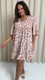 CurveWow V Neck Frill Sleeve Smock Dress Taupe Floral