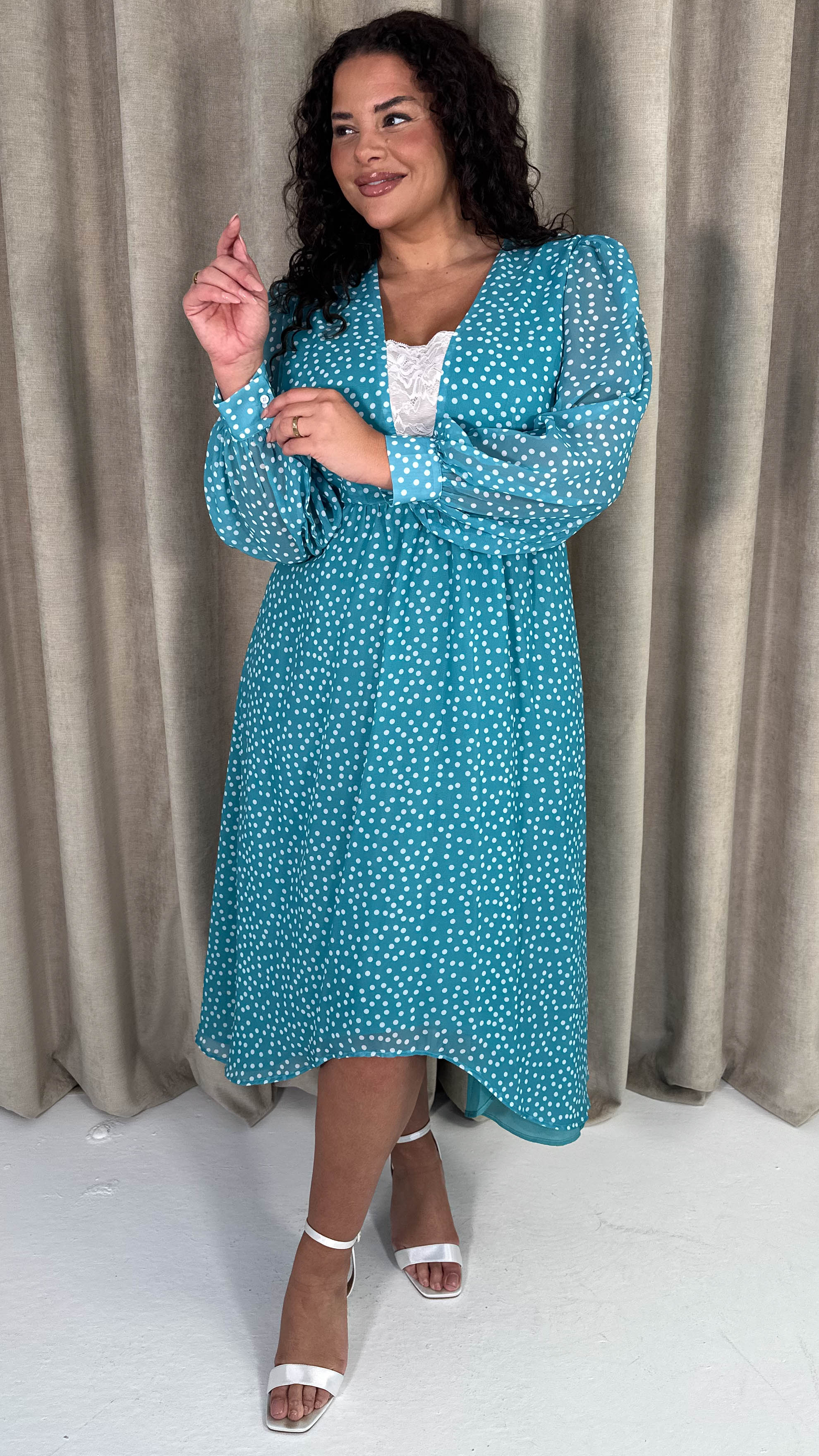 CurveWow Plunge Front Maxi Dress Blue Polka Dot