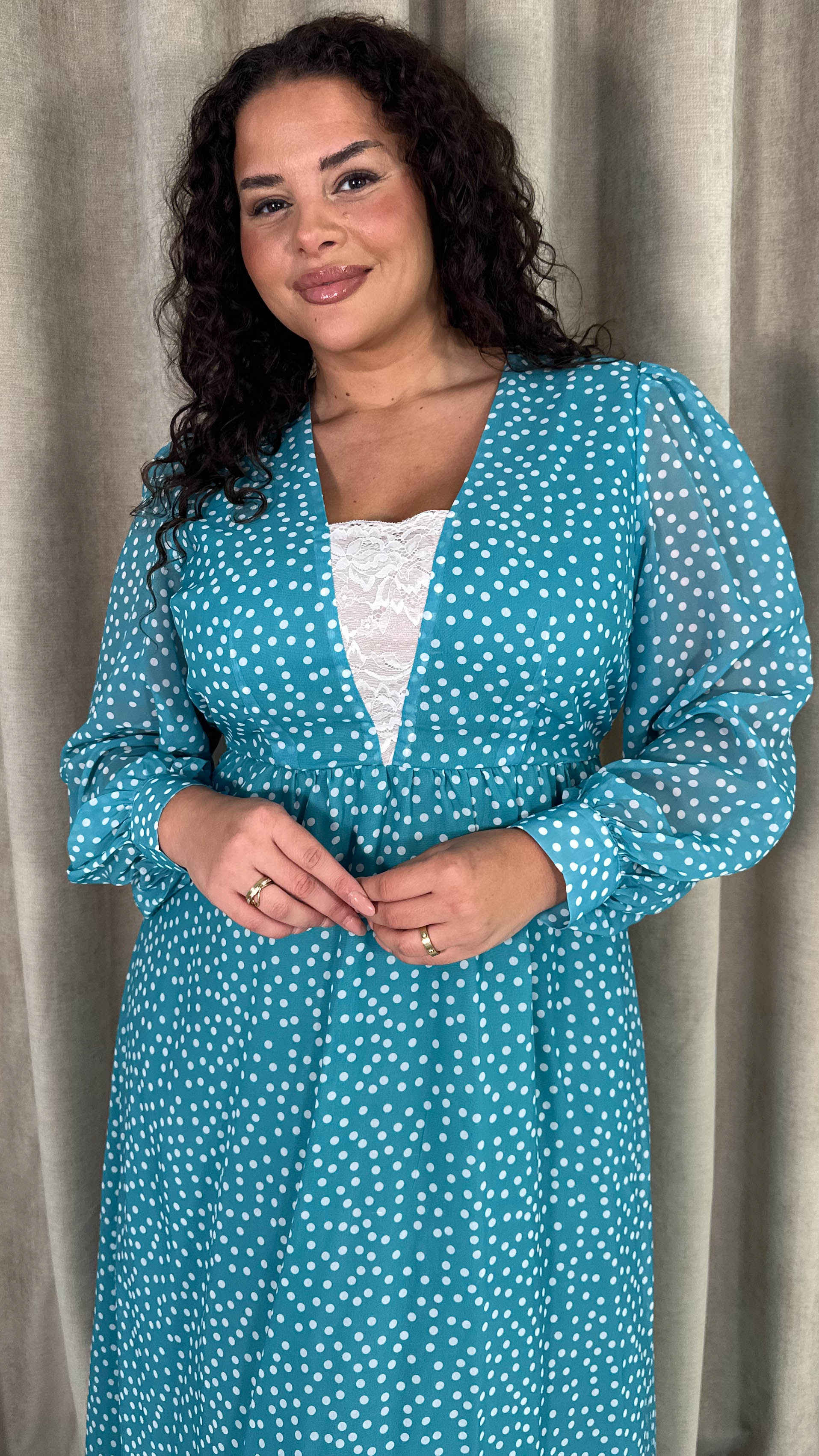 CurveWow Plunge Front Maxi Dress Blue Polka Dot