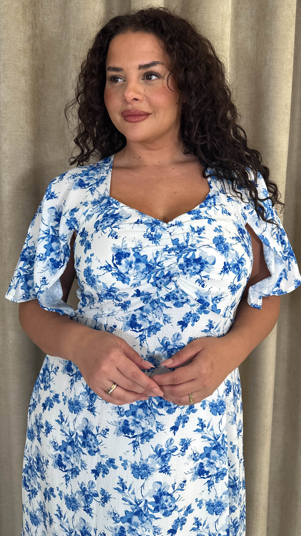 CurveWow Ruched Front Midi Dress Blue Floral