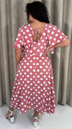 CurveWow Ruched Front Midi Dress Pink Polka Dot