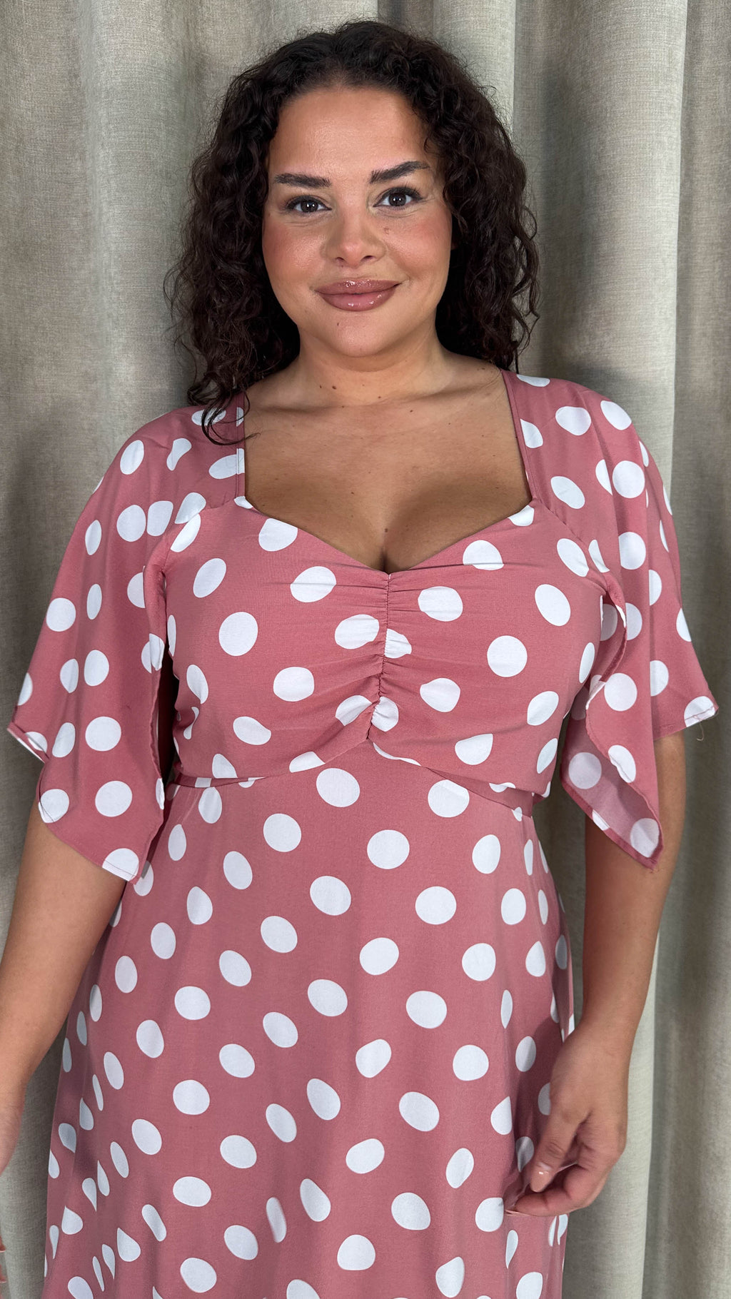 CurveWow Ruched Front Midi Dress Pink Polka Dot