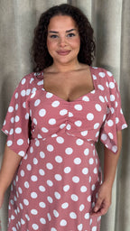 CurveWow Ruched Front Midi Dress Pink Polka Dot