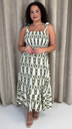 CurveWow Tie Shoulder Strappy Midaxi Dress Green Ikat Print